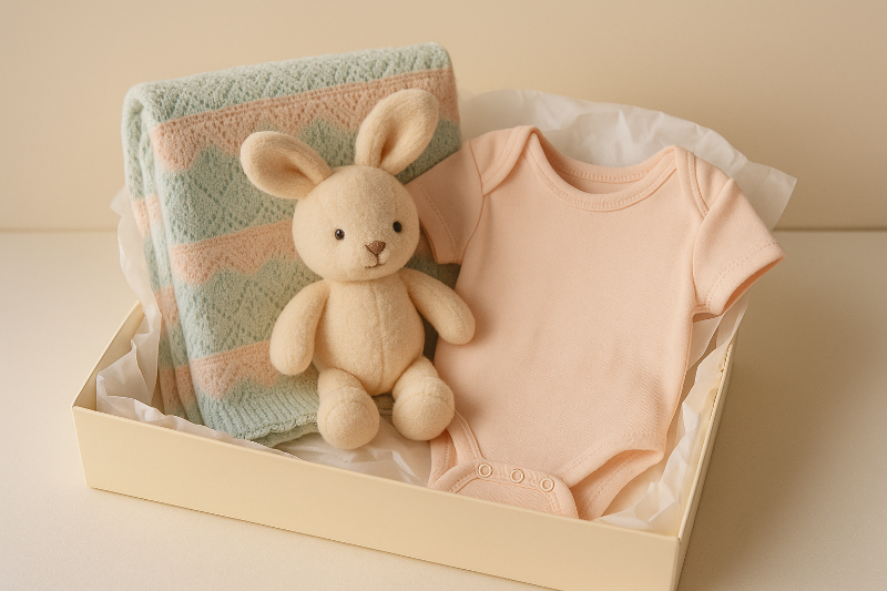 Geschenkset in cremefarbener Box mit weicher Babydecke in Pastellgrün und Rosa, beigefarbenem Plüschhasen und rosa Kurzarm-Body – liebevoll zusammengestellt, erhältlich bei BabyLions.