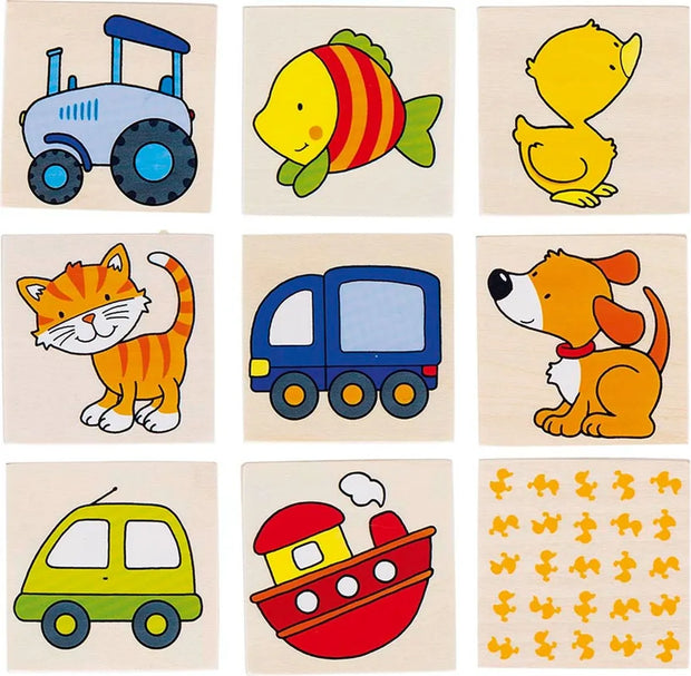 Holz Memo Spiel für Kinder mit Tier- und Fahrzeugmotiven – Katze, Hund, Auto, Boot und Traktor