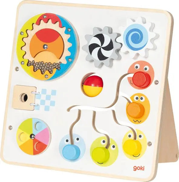 Motorikbrett aus Holz für Kinder mit Zahnrädern, Labyrinth und bunten Spielelementen