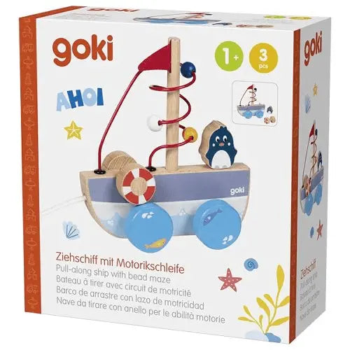 Verpackung vom goki Ziehschiff mit Motorikschleife aus Holz – Nachziehspielzeug für Kinder ab 1 Jahr