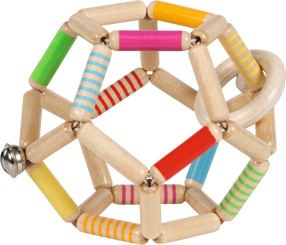 Greifling Elastik Ball aus Holz mit bunten Streifen – Motorikspielzeug für Babys
