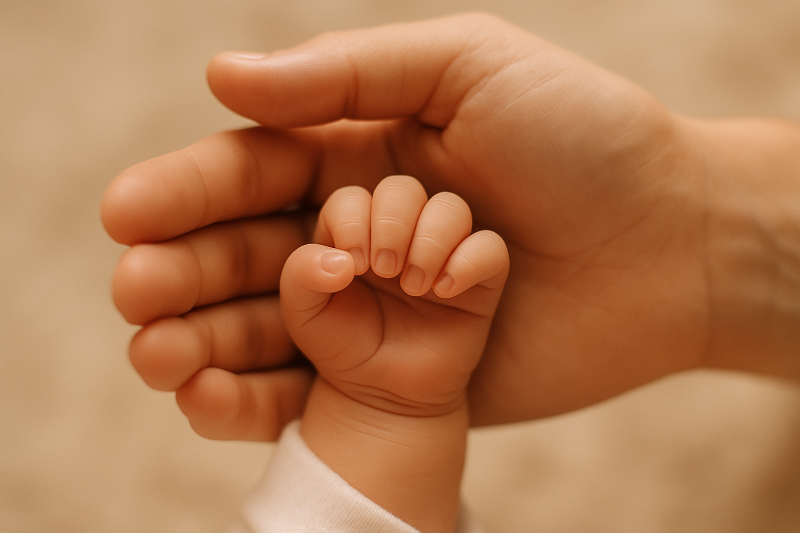 Nahaufnahme einer kleinen Babyhand, die sanft den Finger einer Erwachsenenhand umschließt – Symbol für Geborgenheit und Bindung, Bild von BabyLions.