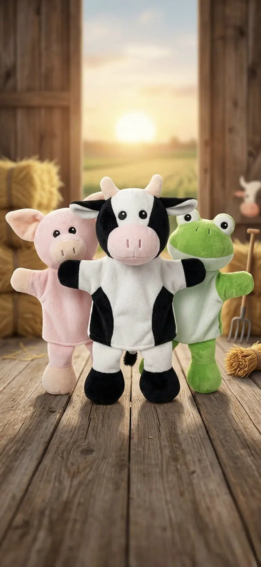 Handpuppen mit Kuh, Schwein und Frosch im Bauernhofdesign für Babys und Kinder – weiche Spiel- und Geschenkidee