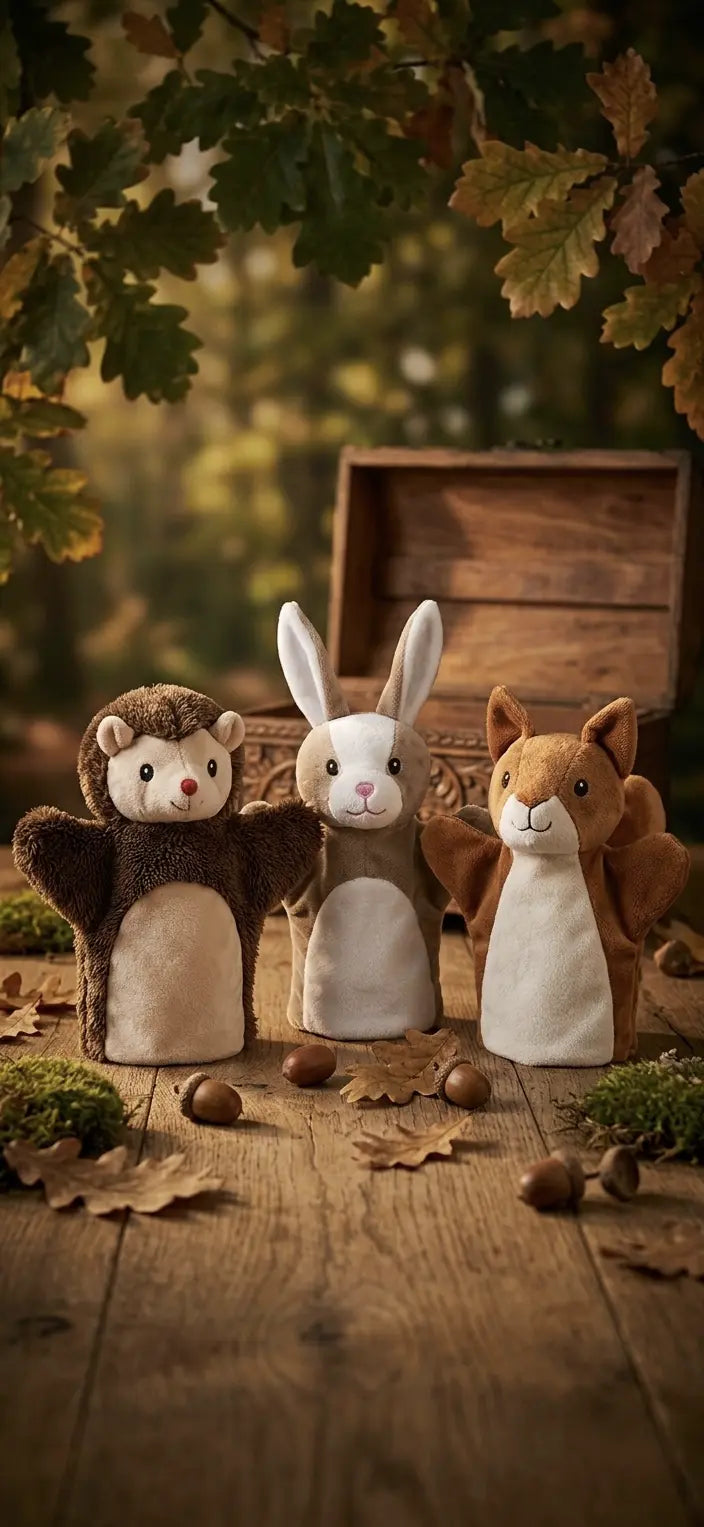 Handpuppen mit Hase, Fuchs und Igel im Walddesign für Babys und Kinder – kuschelige Spiel- und Geschenkidee