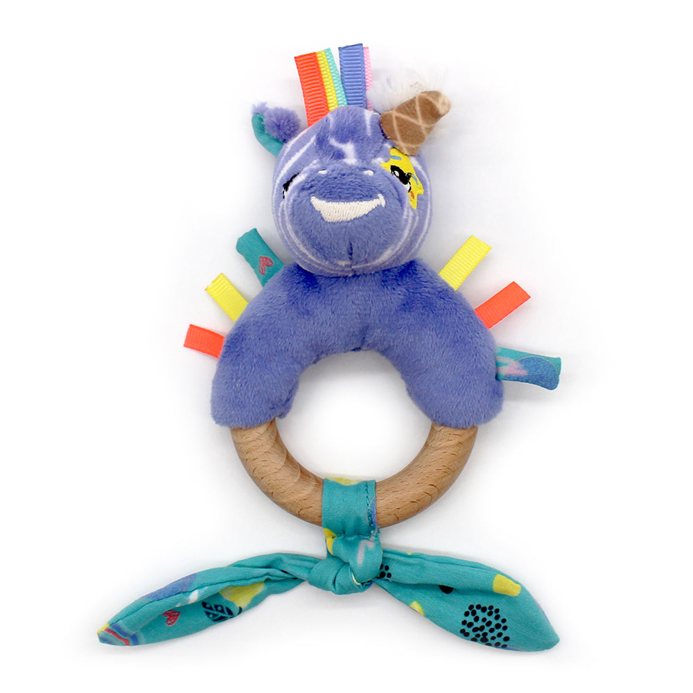 Holz Beißring Einhorn für Babys mit Stoffgreifling und Rassel – Greifspielzeug und Zahnungshilfe für Babys