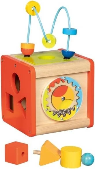 Holz Motorikwürfel mit Motorikschleife und Formensortierer als Lernspielzeug für Babys und Kleinkinder
