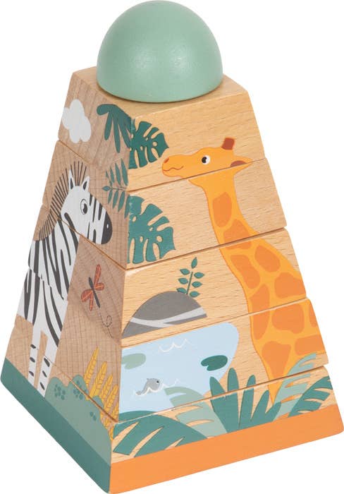 Holzspielzeug Stapelspiel Pyramide mit Giraffe und Zebra Motiv, fördert Motorik und Koordination bei Babys und Kleinkindern