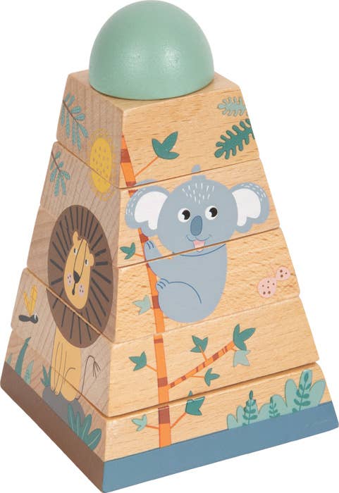 Holzspielzeug Stapelspiel Pyramide mit Tiermotiven wie Koala und Löwe, fördert Motorik und Koordination bei Babys und Kleinkindern