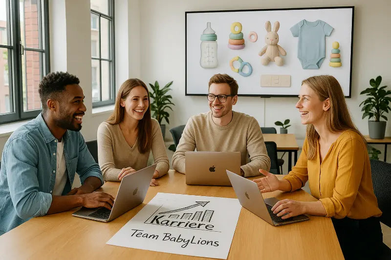 In einem hellen, modernen Meetingraum sitzen zwei Frauen und zwei Männer an einem Holztisch mit MacBooks. Auf dem Tisch liegt eine gezeichnete Skizze mit dem Wort ‚Karriere‘ und einem handschriftlichen Notizzettel mit der Aufschrift ‚Team BabyLions‘. Im Hintergrund läuft eine Präsentation mit Bildern rund um Babyprodukte. Die Stimmung ist kreativ, offen und inspiriert.
