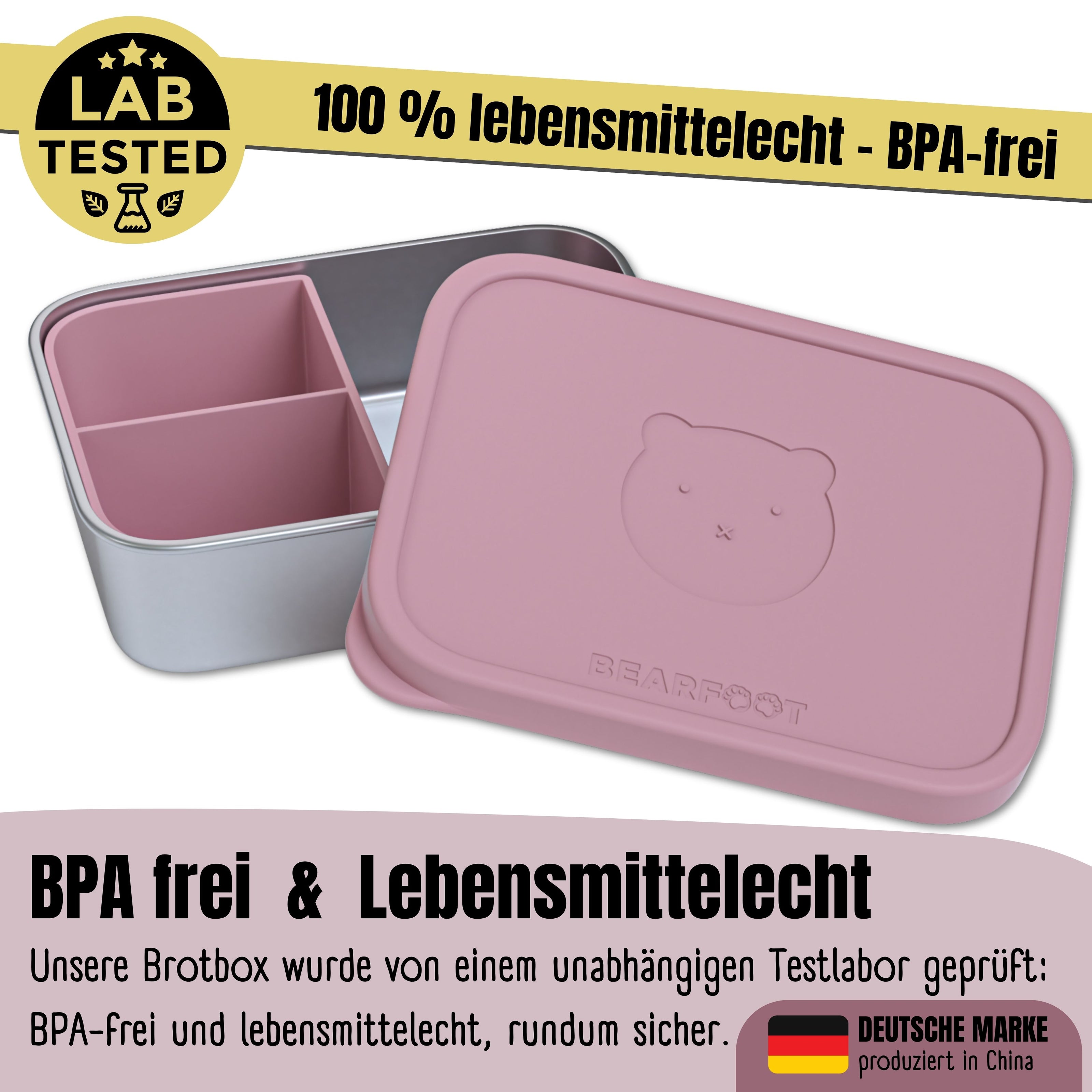 Rosa Kinder-Brotbox mit Fächereinteilung und Deckel aus BPA-freiem, lebensmittelechtem Material – geprüftes Labortest-Siegel sichtbar