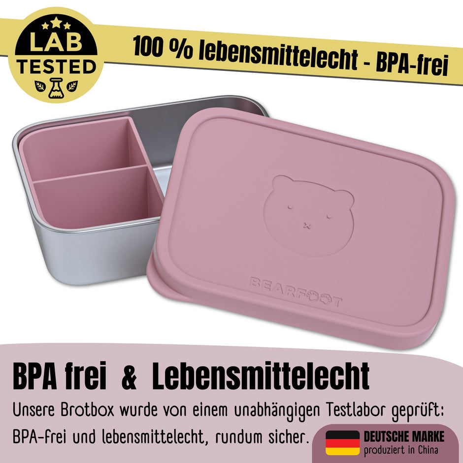 Rosa Kinder-Brotbox mit Fächereinteilung und Deckel aus BPA-freiem, lebensmittelechtem Material – geprüftes Labortest-Siegel sichtbar