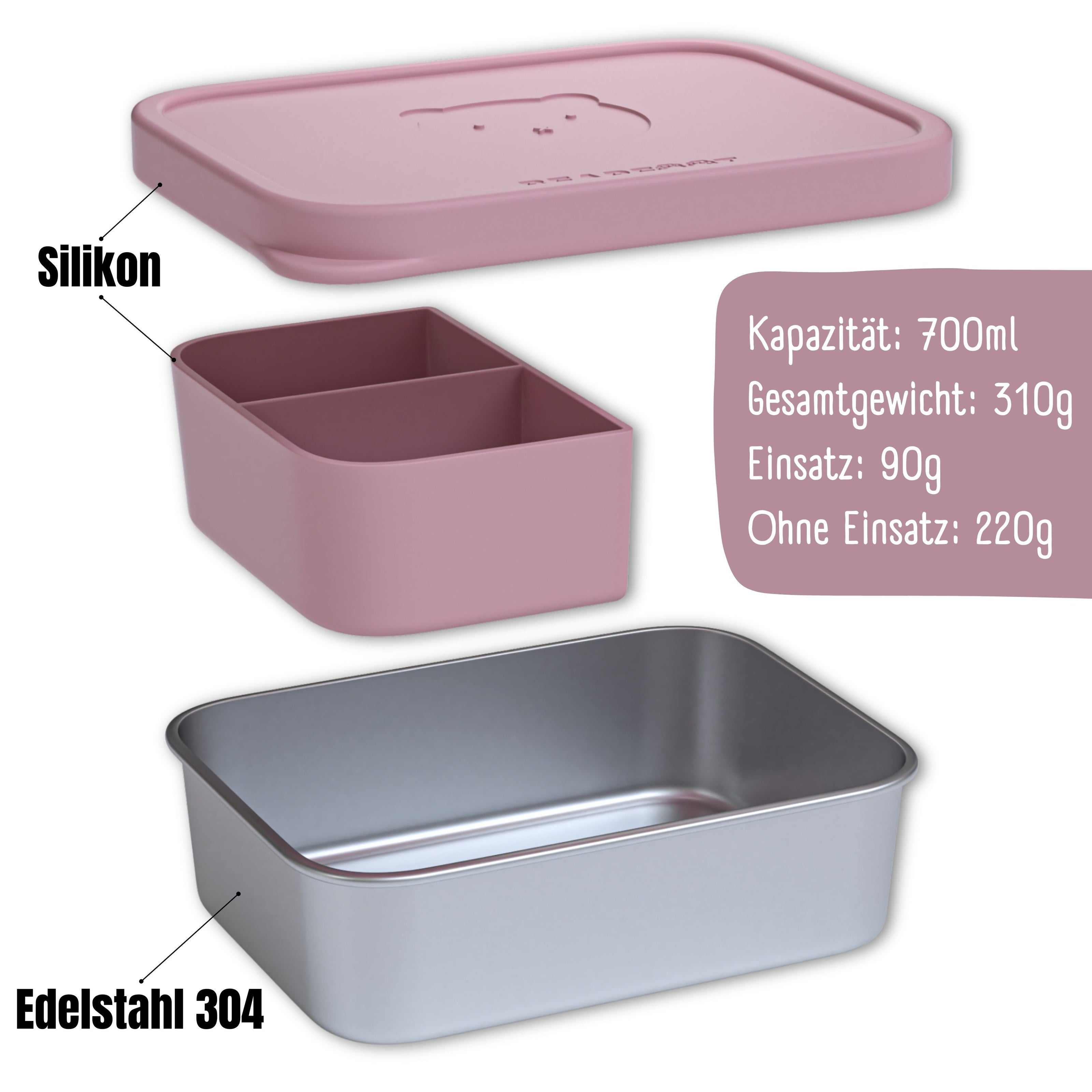 Kinder-Brotdose aus Edelstahl 304 mit rosa Silikondeckel und herausnehmbarem Silikoneinsatz, 700 ml Kapazität