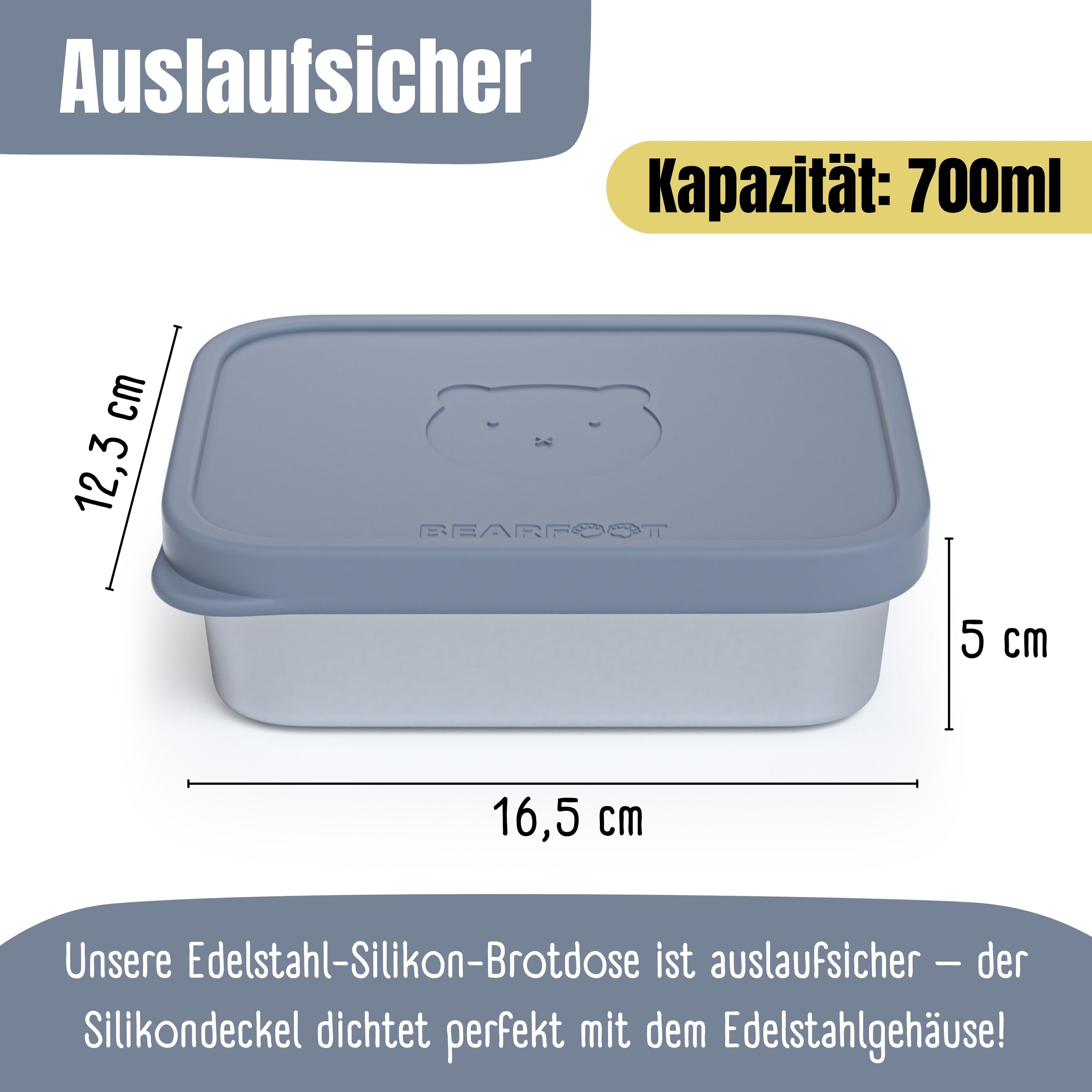 Kinder-Brotdose aus Edelstahl mit blauem Silikondeckel, auslaufsicher, 700 ml Kapazität, Maße 16,5 × 12,3 × 5 cm