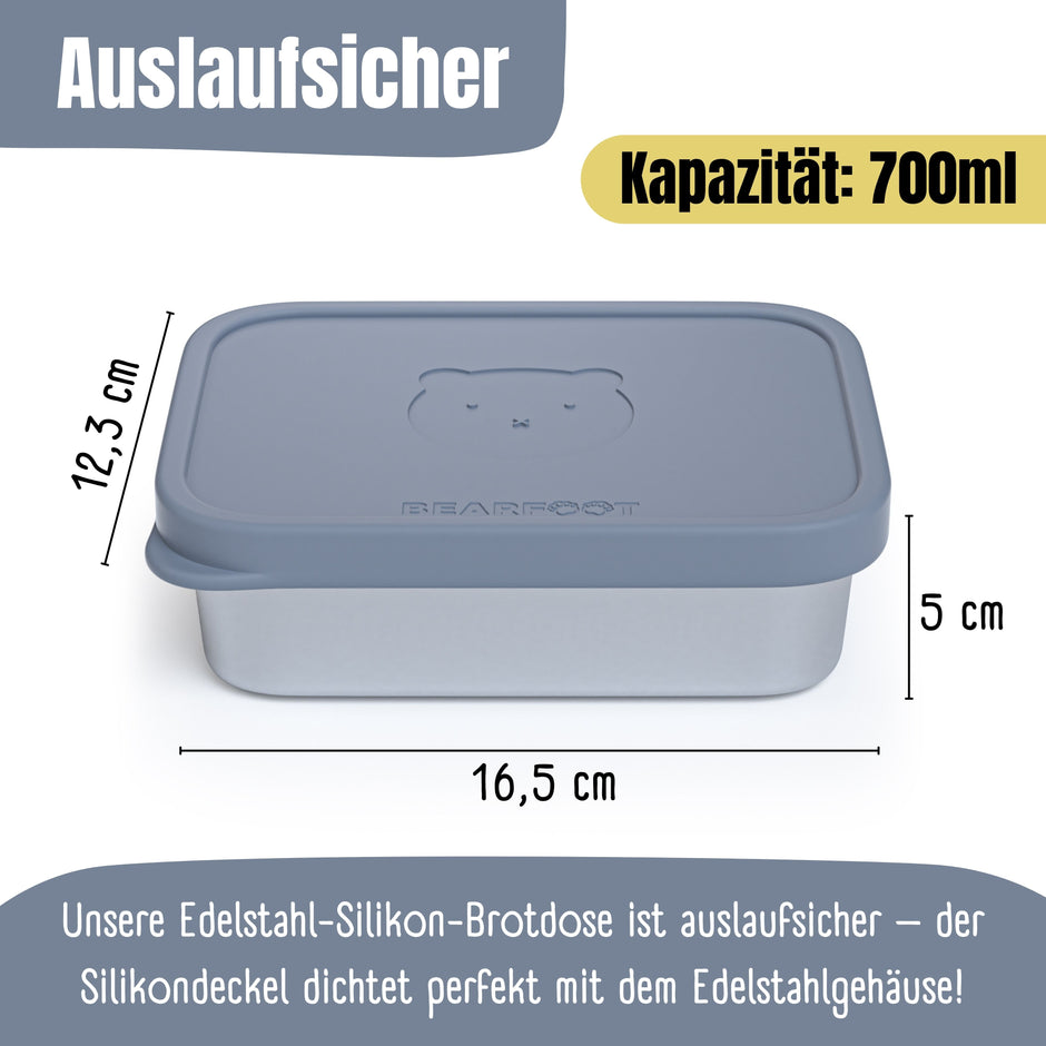 Kinder-Brotdose aus Edelstahl mit blauem Silikondeckel, auslaufsicher, 700 ml Kapazität, Maße 16,5 × 12,3 × 5 cm