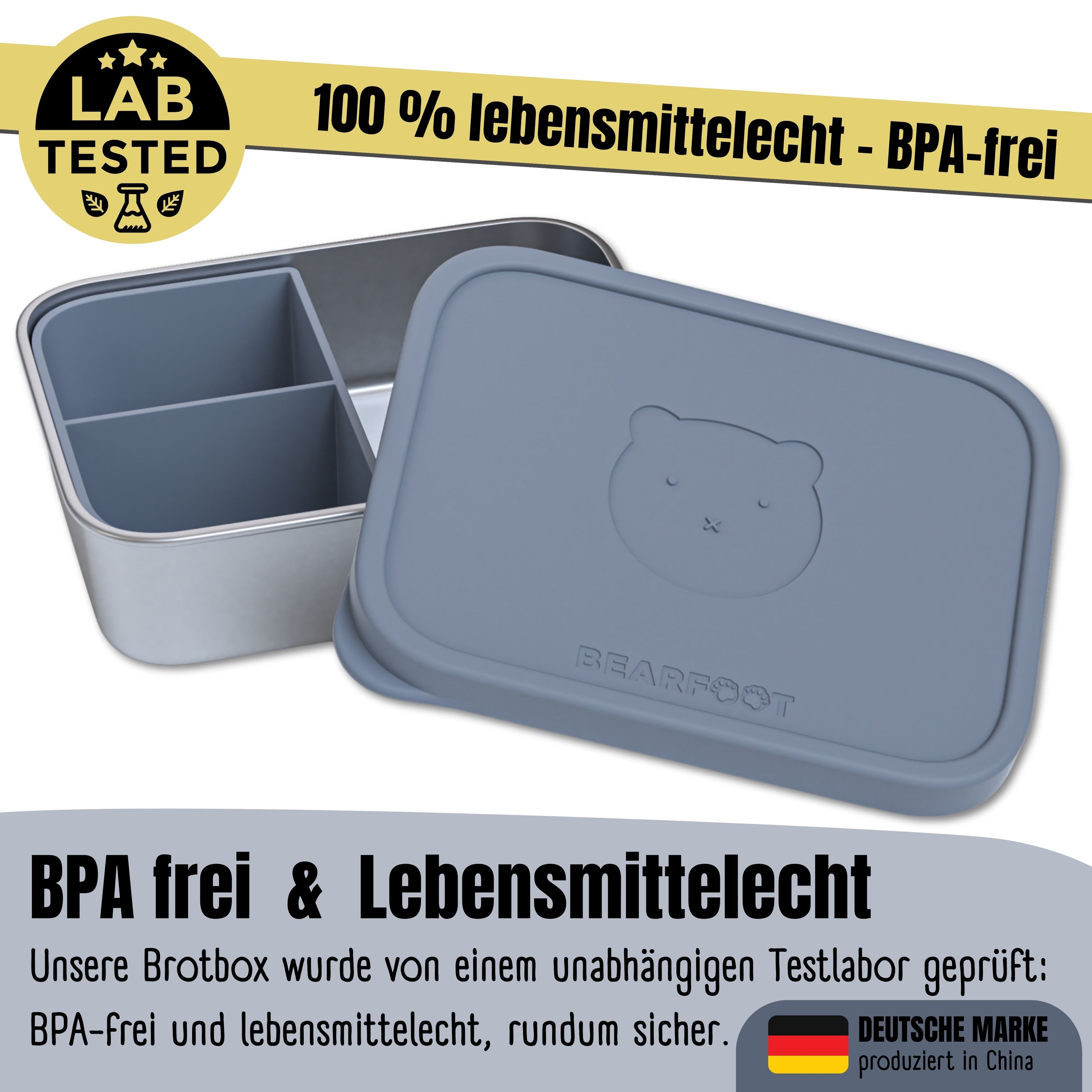 Kinder-Brotdose aus Edelstahl mit blauem Silikondeckel und herausnehmbarem Silikoneinsatz, BPA-frei und lebensmittelecht geprüft