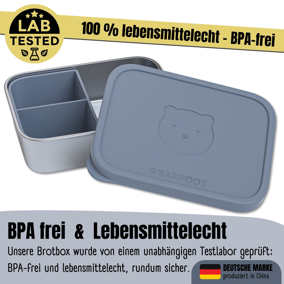 Kinder-Brotdose aus Edelstahl mit blauem Silikondeckel und herausnehmbarem Silikoneinsatz, BPA-frei und lebensmittelecht geprüft