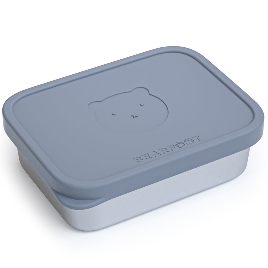 Kinder-Brotdose aus Edelstahl mit blauem Silikondeckel und Bärenkopf-Motiv von Bearfoot