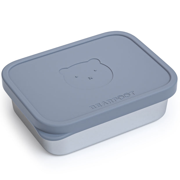 Kinder-Brotdose aus Edelstahl mit blauem Silikondeckel und Bärenkopf-Motiv von Bearfoot