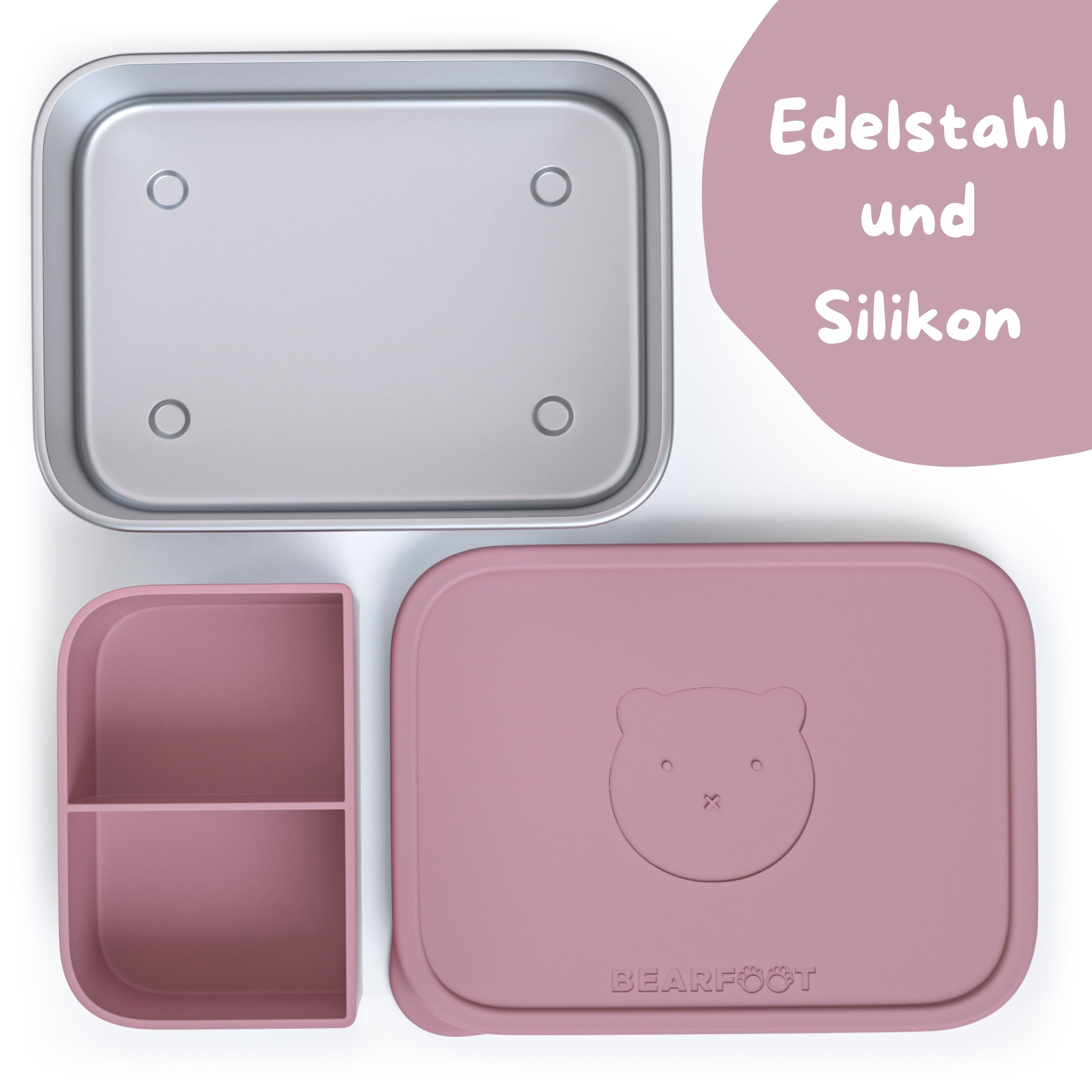 Kinder-Brotdose aus Edelstahl mit rosa Silikondeckel und Fächereinsatz, lebensmittelecht und BPA-frei