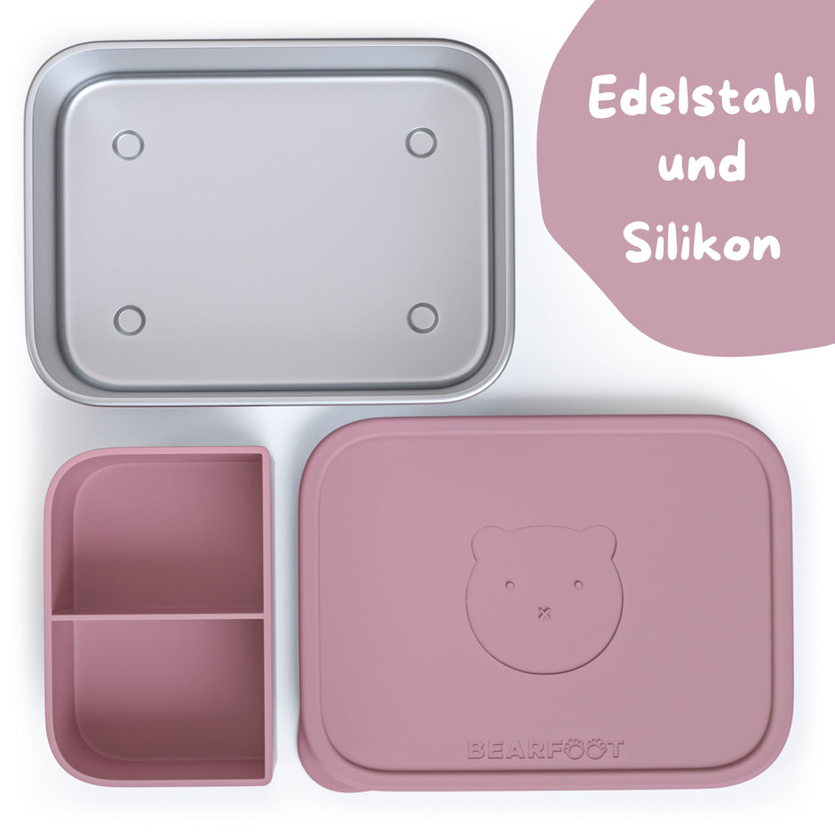 Kinder-Brotdose aus Edelstahl mit rosa Silikondeckel und Fächereinsatz, lebensmittelecht und BPA-frei