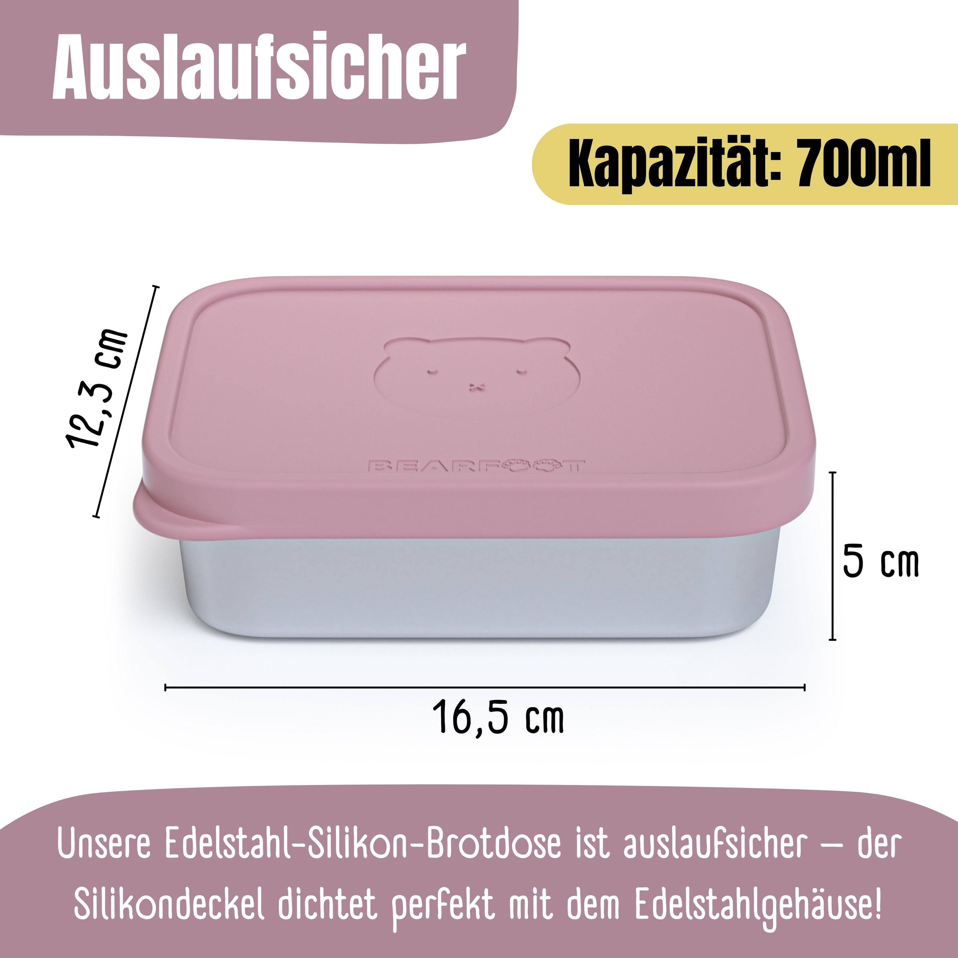 Rosa Edelstahl-Silikon Kinder-Brotdose mit dicht schließendem Deckel, auslaufsicher, 700 ml Fassungsvermögen und kompakten Maßen