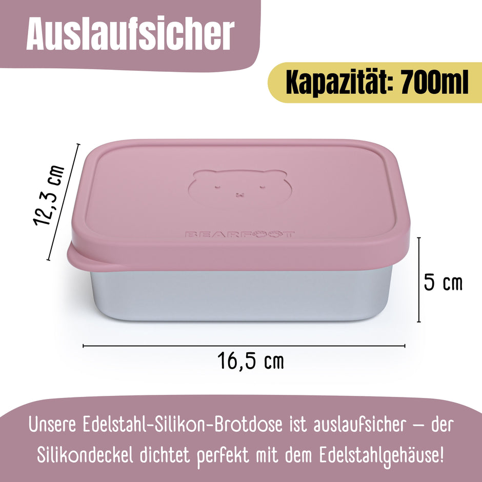 Rosa Edelstahl-Silikon Kinder-Brotdose mit dicht schließendem Deckel, auslaufsicher, 700 ml Fassungsvermögen und kompakten Maßen