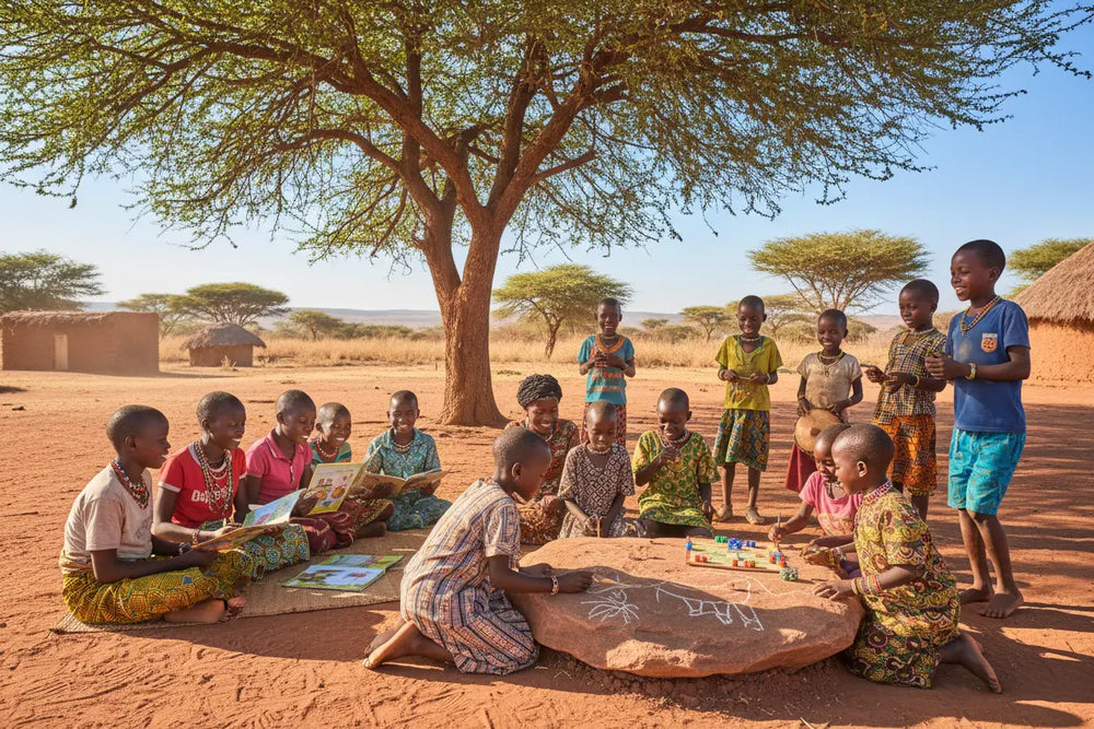 Kinder lernen und spielen gemeinsam unter einem Baum in Afrika – Bildung und Gemeinschaft