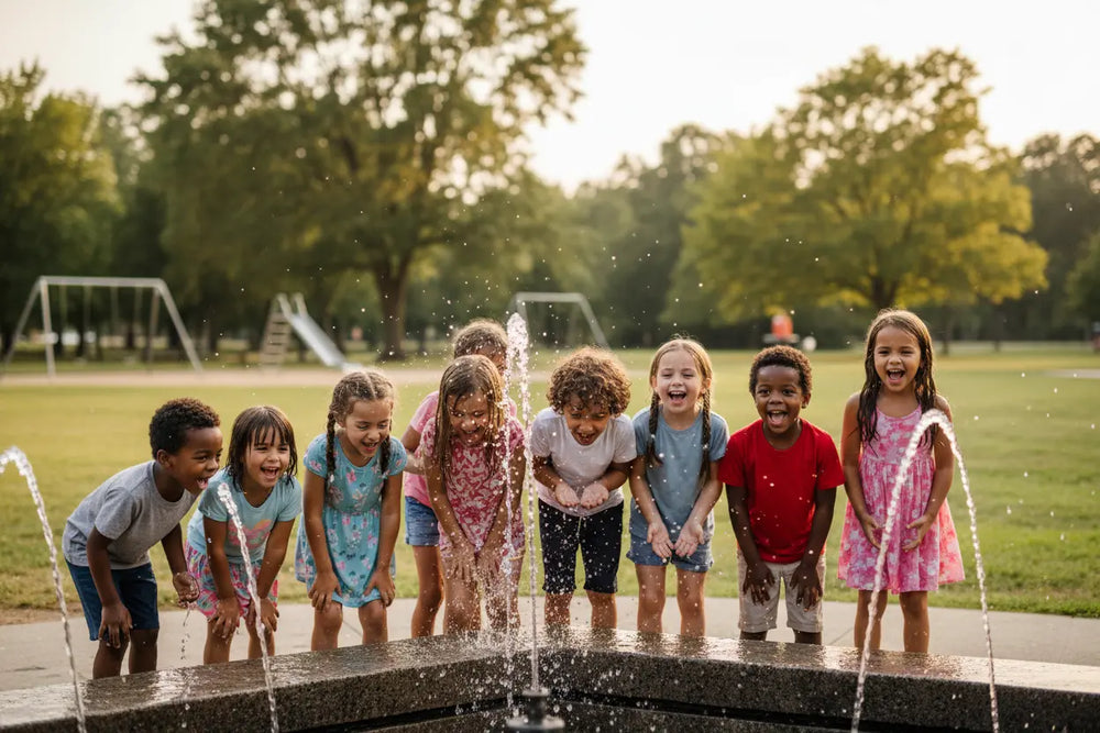 Kinder spielen lachend an einem Trinkbrunnen im Park – Zugang zu sauberem Wasser
