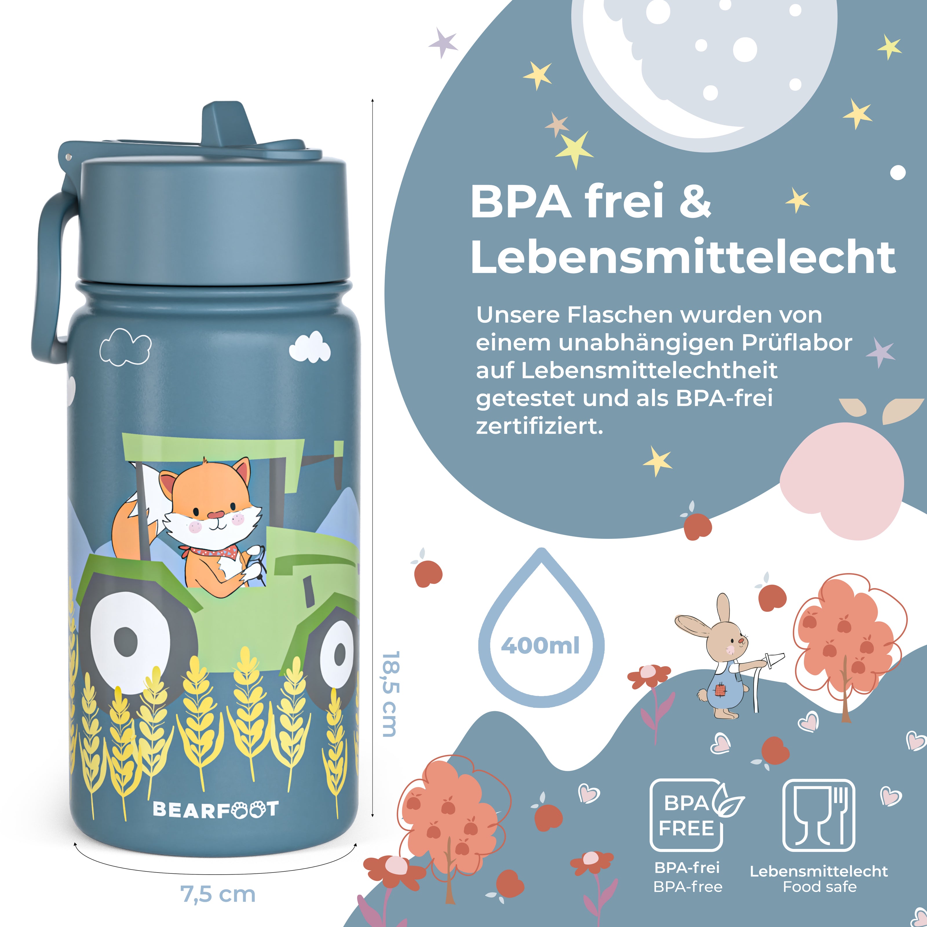 Blaue Kinder-Trinkflasche aus Edelstahl mit Bauernhof-Motiv, BPA-frei und lebensmittelecht, 400 ml Fassungsvermögen – auslaufsicher und ideal für Kindergarten und unterwegs