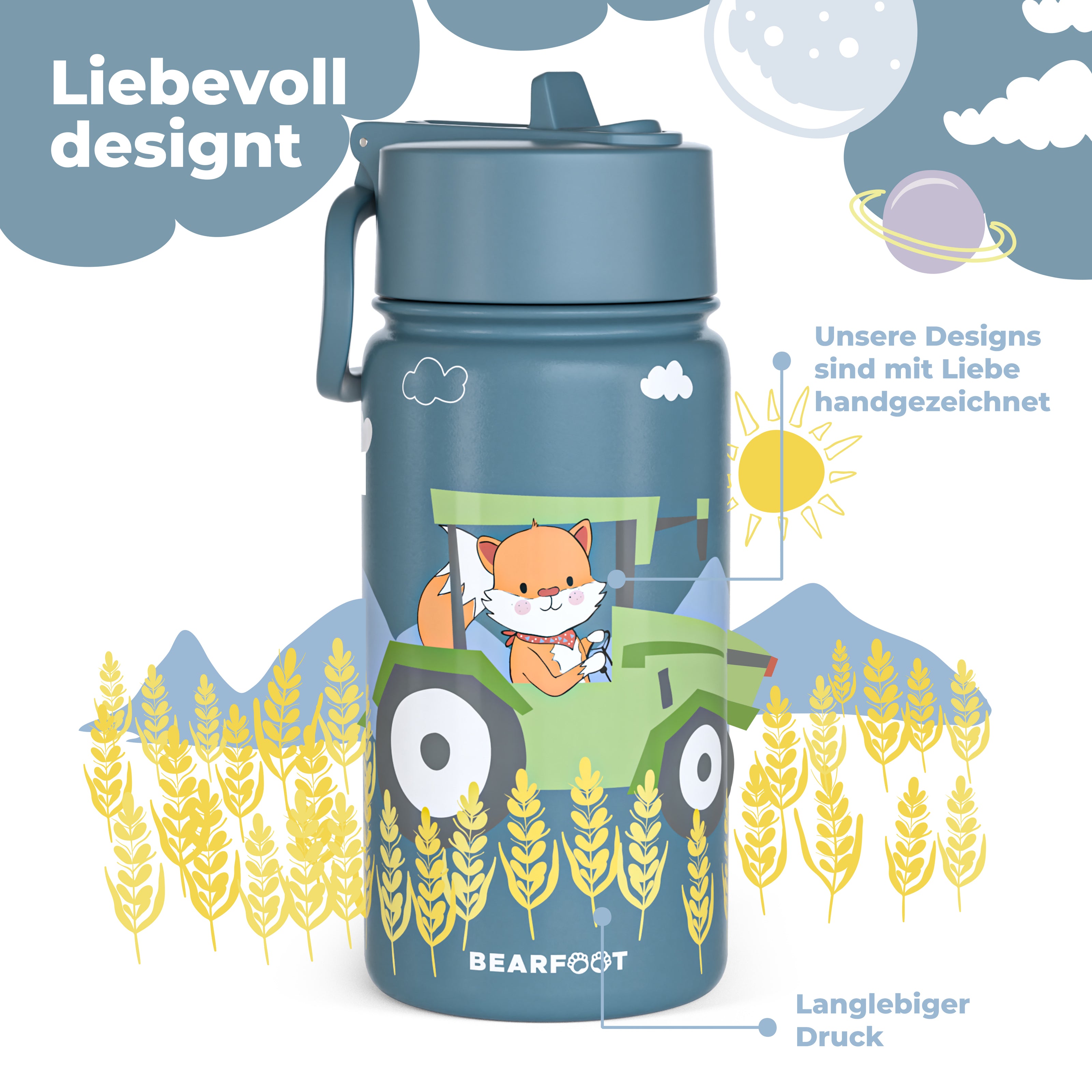 Blaue Kinder-Trinkflasche aus Edelstahl mit handgezeichnetem Traktor-Fuchs-Motiv und langlebigem Druck, liebevoll designt für Kindergarten, Schule und unterwegs