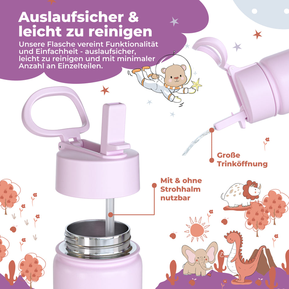 Rosa Kinder-Trinkflasche auslaufsicher und leicht zu reinigen mit großer Trinköffnung sowie nutzbar mit oder ohne Strohhalm – ideal für Kindergarten, Schule und unterwegs