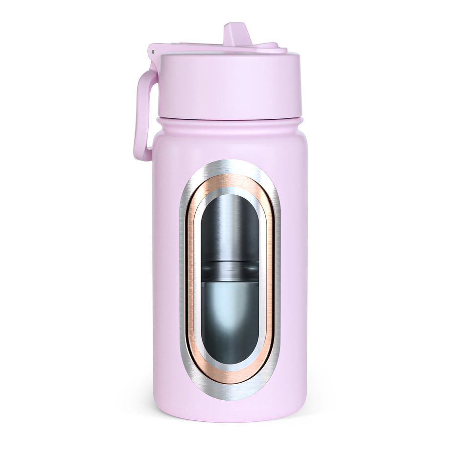 Rosa Kinder-Trinkflasche aus Edelstahl mit Sichtfenster und integriertem Trinkhalm – auslaufsicher für Kindergarten und unterwegs