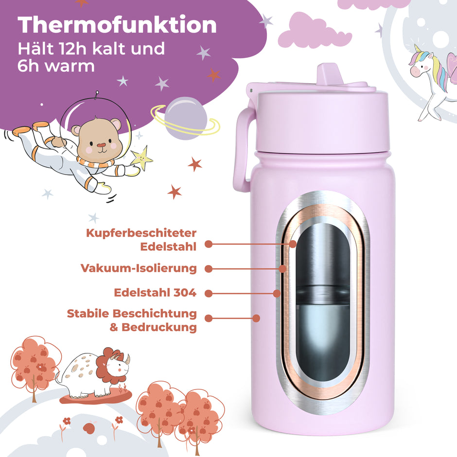 Rosa isolierte Kinder-Trinkflasche aus Edelstahl mit Thermofunktion – hält Getränke bis zu 12 Stunden kalt und 6 Stunden warm, ideal für Kindergarten, Schule und unterwegs