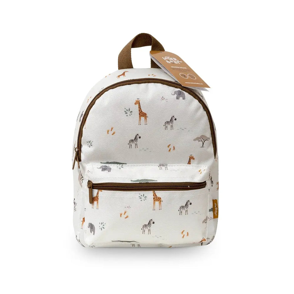 Weißer Kinderrucksack mit Safari-Motiv in Vorderansicht – mit Giraffe, Zebra und Elefant, ideal für Kindergarten, Kita und Ausflüge.