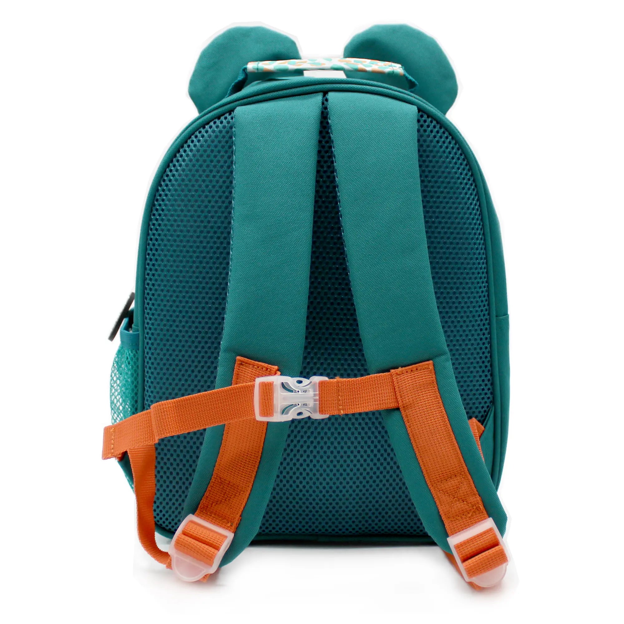 Rückseite eines türkisfarbenen Koala Kinderrucksacks mit gepolsterten Schultergurten und Brustverschluss