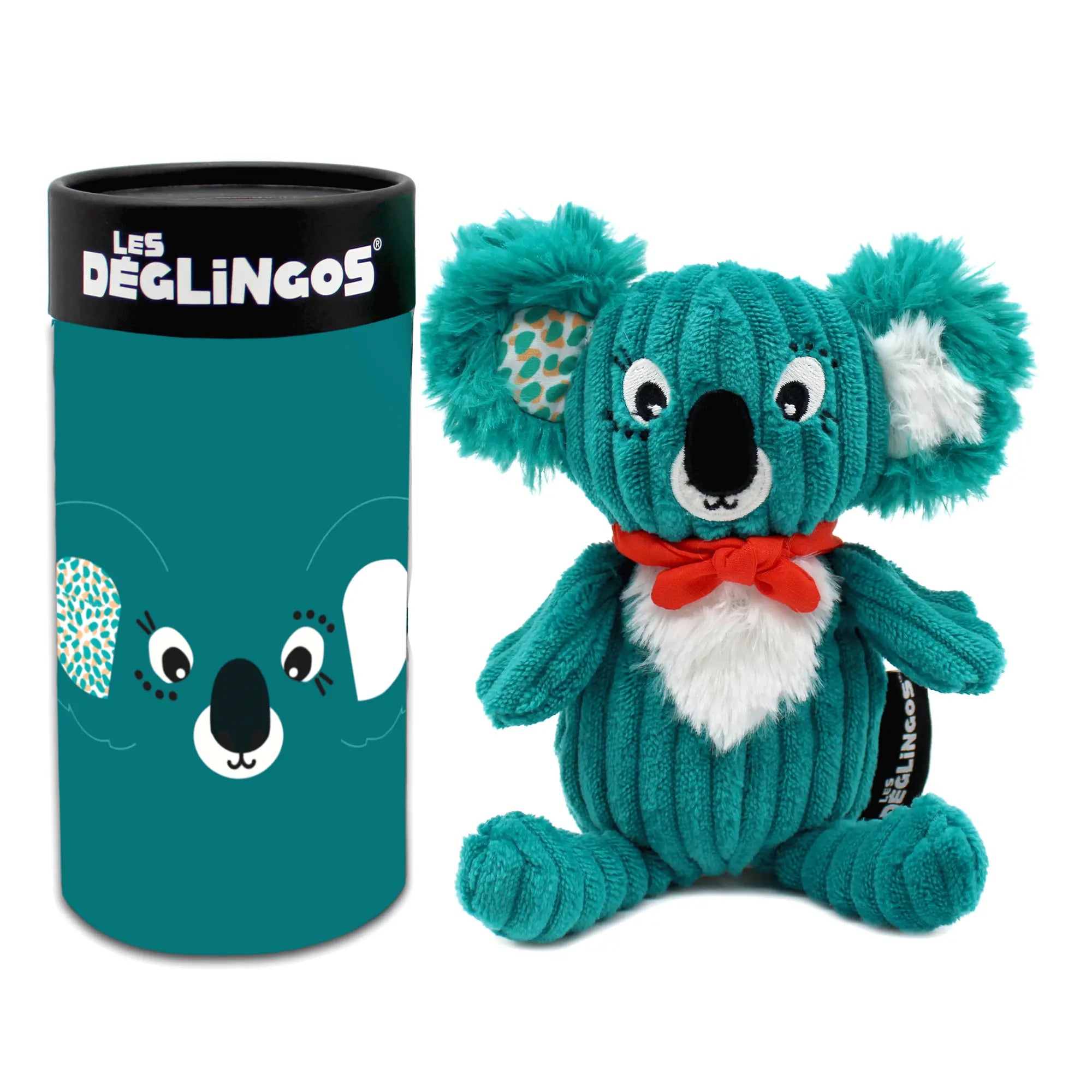 Türkises Koala Kuscheltier mit roter Schleife neben passender Geschenkbox von Les Déglingos