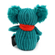 Rückseite eines türkisen Koala Kuscheltiers aus weichem Cordstoff mit flauschigen Ohren und roter Schleife