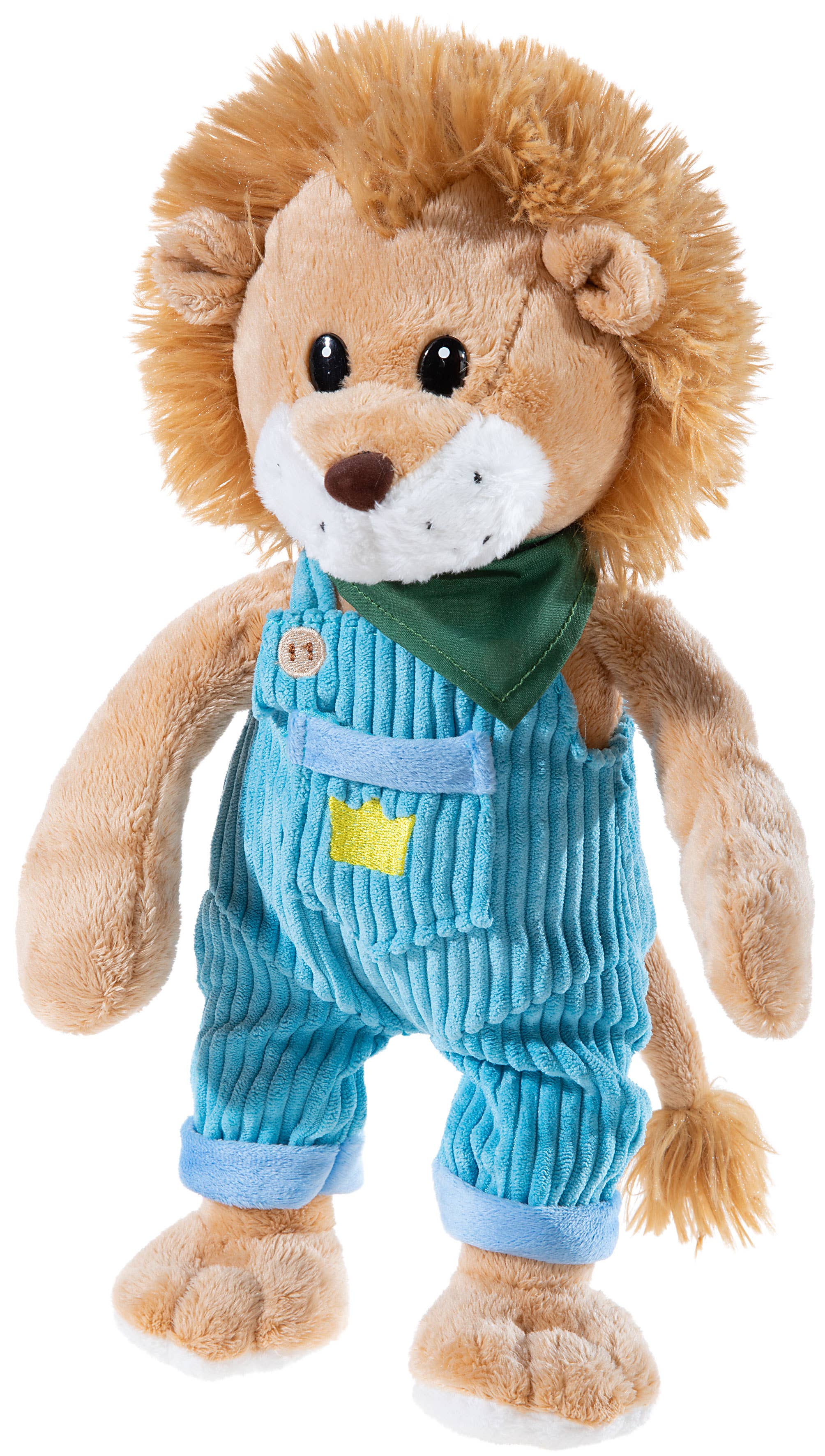 Kuscheltier Löwe Kristof mit blauer Latzhose aus weichem Plüsch für Babys und Kinder, ideal zum Kuscheln und Spielen