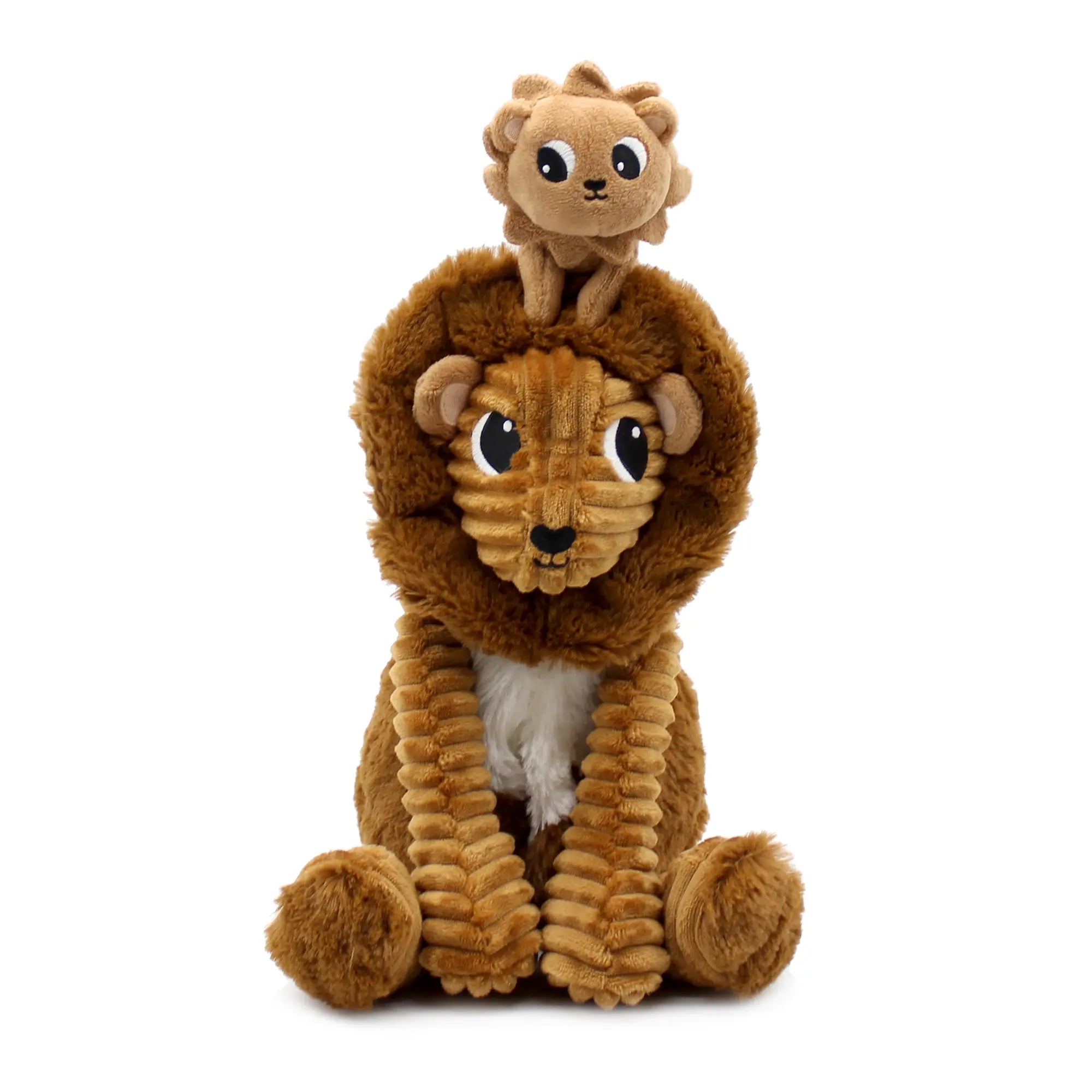 Braunes Löwe Plüschtier mit kleinem Löwenbaby auf dem Kopf
