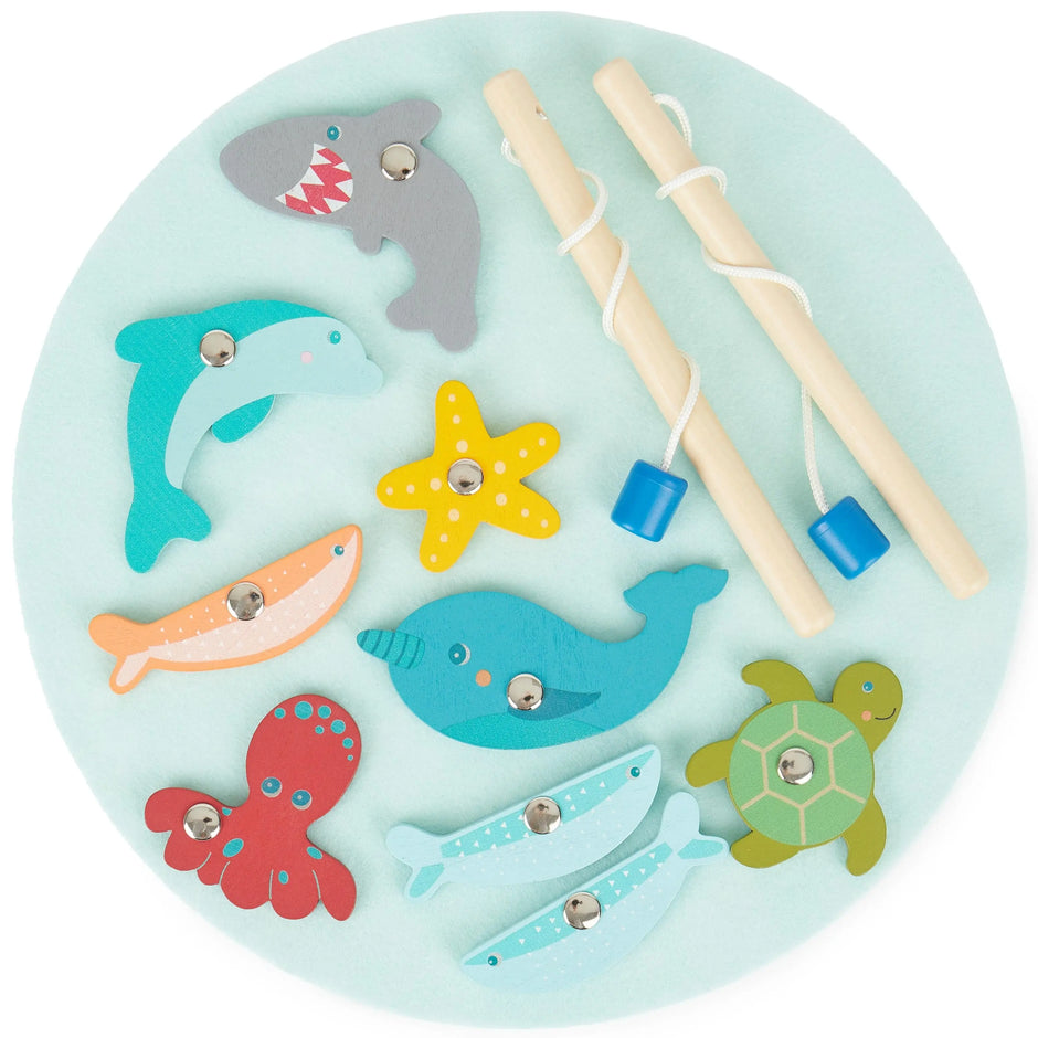 Magnet-Angelspiel aus Holz von Bieco mit bunten Meerestieren und zwei Angelruten – Montessori Lernspiel zur Förderung von Motorik, Konzentration und Hand-Auge-Koordination für Kinder