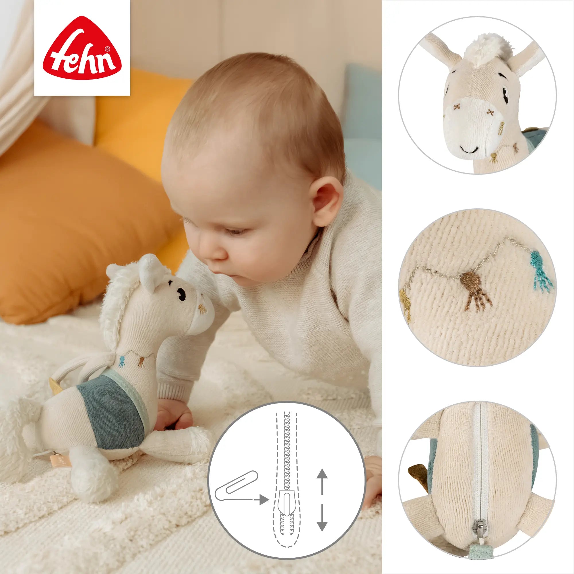 Baby Spieluhr Pferd natur – weiches Kuscheltier mit Reißverschluss zum Herausnehmen des Spielwerks und hochwertigen Details