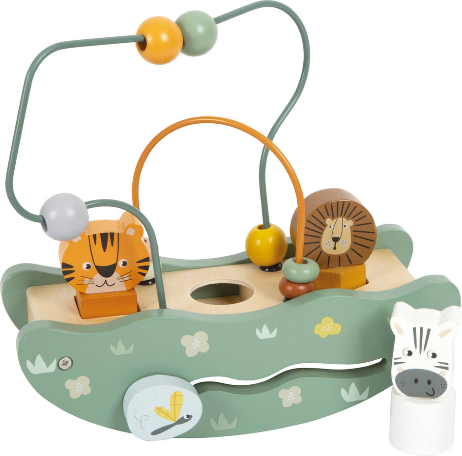 Motorikschleife aus Holz mit Tierfiguren und bunten Perlen für Babys