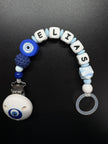 Personalisierte Schnullerkette Elias mit Bösem Auge in Blau Weiß mit Holzclip und Silikonring
