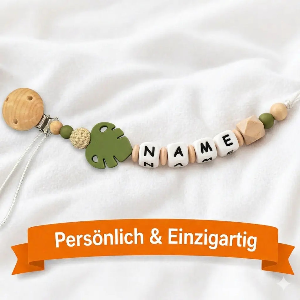 Personalisierte Schnullerkette mit Namen handgemacht – Baby Schnullerhalter aus Holz und Silikon, individuell, sicher und ideales Geschenk zur Geburt