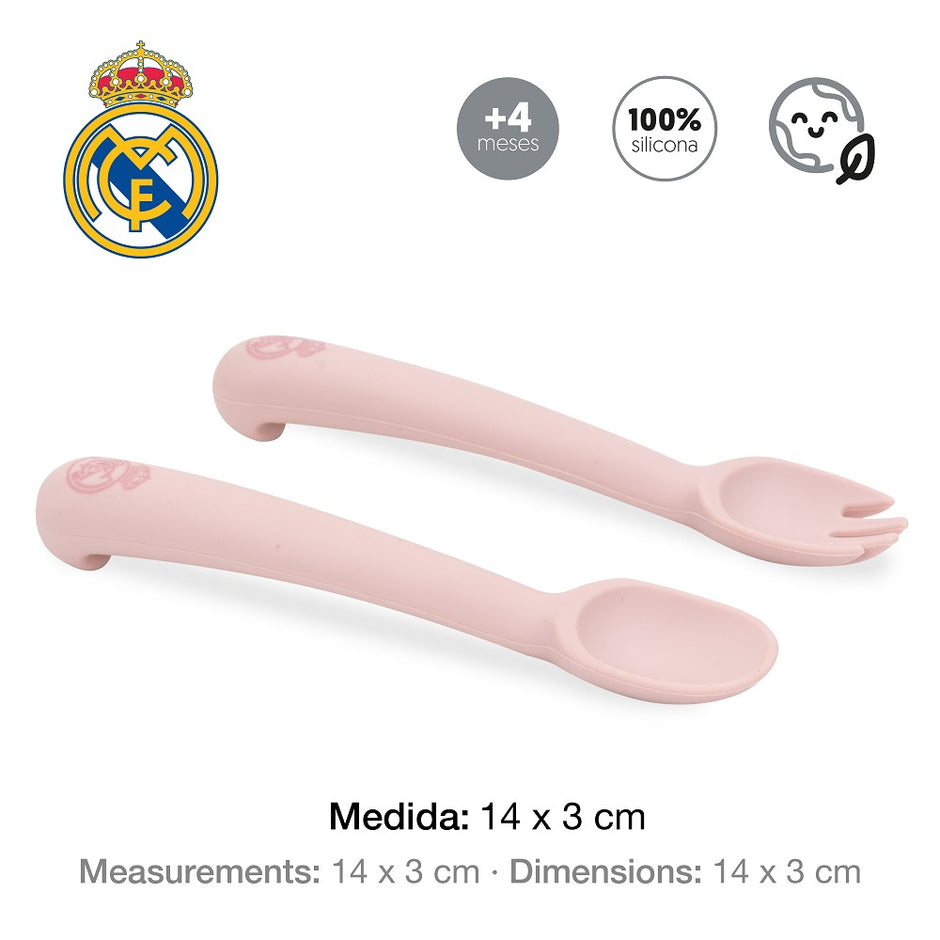 Real Madrid Baby Silikon Besteck Set mit Löffel und Gabel in Rosa, offiziell lizenziert, BPA frei, Größe 14 x 3 cm, für Babys ab 4 Monaten
