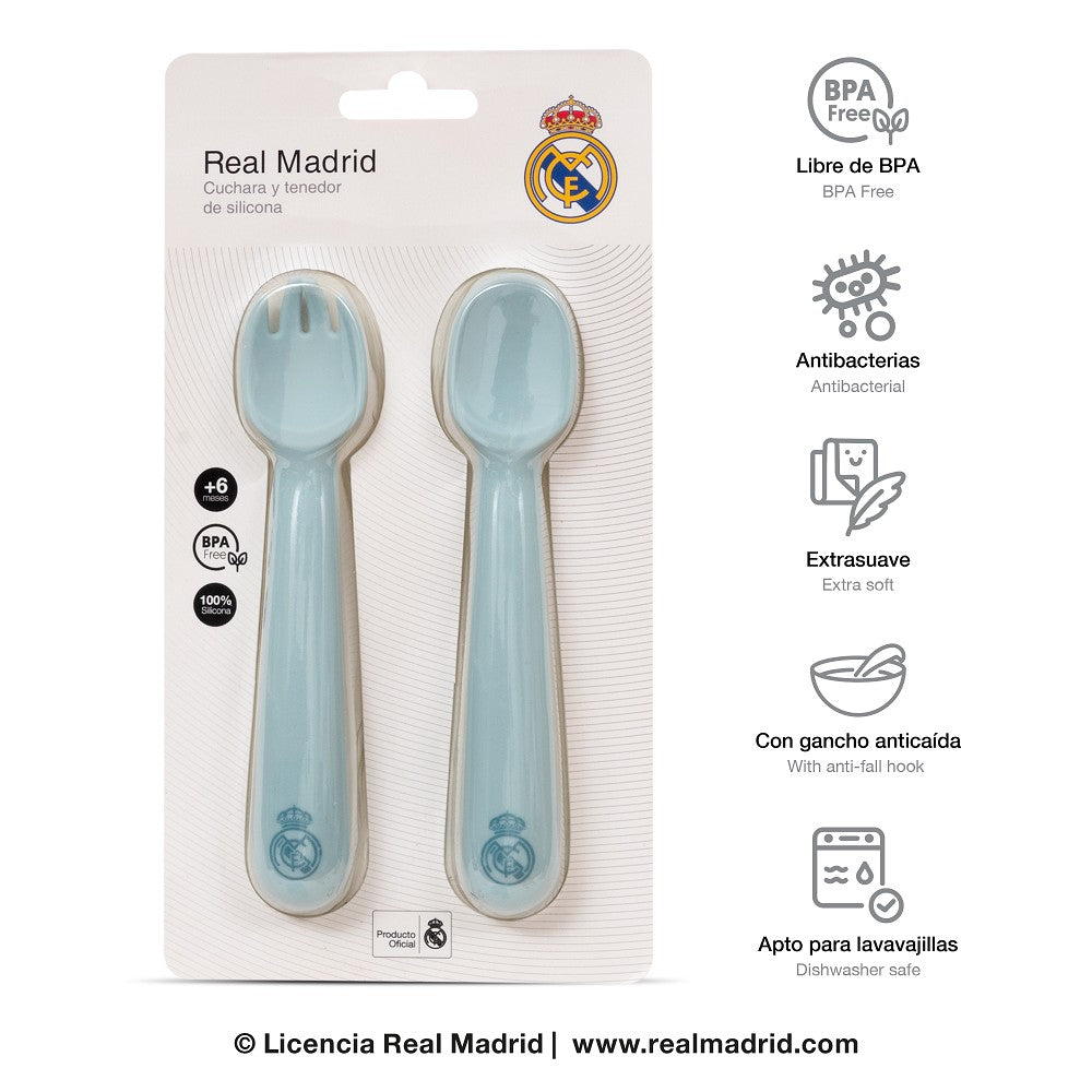 Real Madrid Baby Besteck Set Löffel und Gabel aus Silikon BPA frei, weiches Baby Essbesteck für Babys ab 6 Monaten, spülmaschinengeeignetes Kinderbesteck mit Real Madrid Logo
