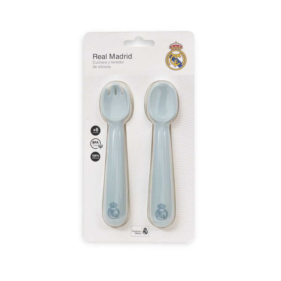 Real Madrid Baby Besteck Set aus Silikon mit Löffel und Gabel in hellblau in Originalverpackung BPA frei für Babys und Kleinkinder
