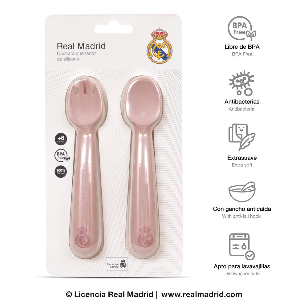 Offizielles Real Madrid Baby Silikon Besteck Set in Rosa, BPA frei, mit Lizenzverpackung, ideal für Beikost und selbstständiges Essen ab 6 Monaten
