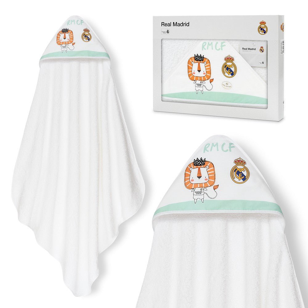 Real Madrid Baby Kapuzenhandtuch Löwe– 100% Baumwolle, 100×100 cm - Babylions