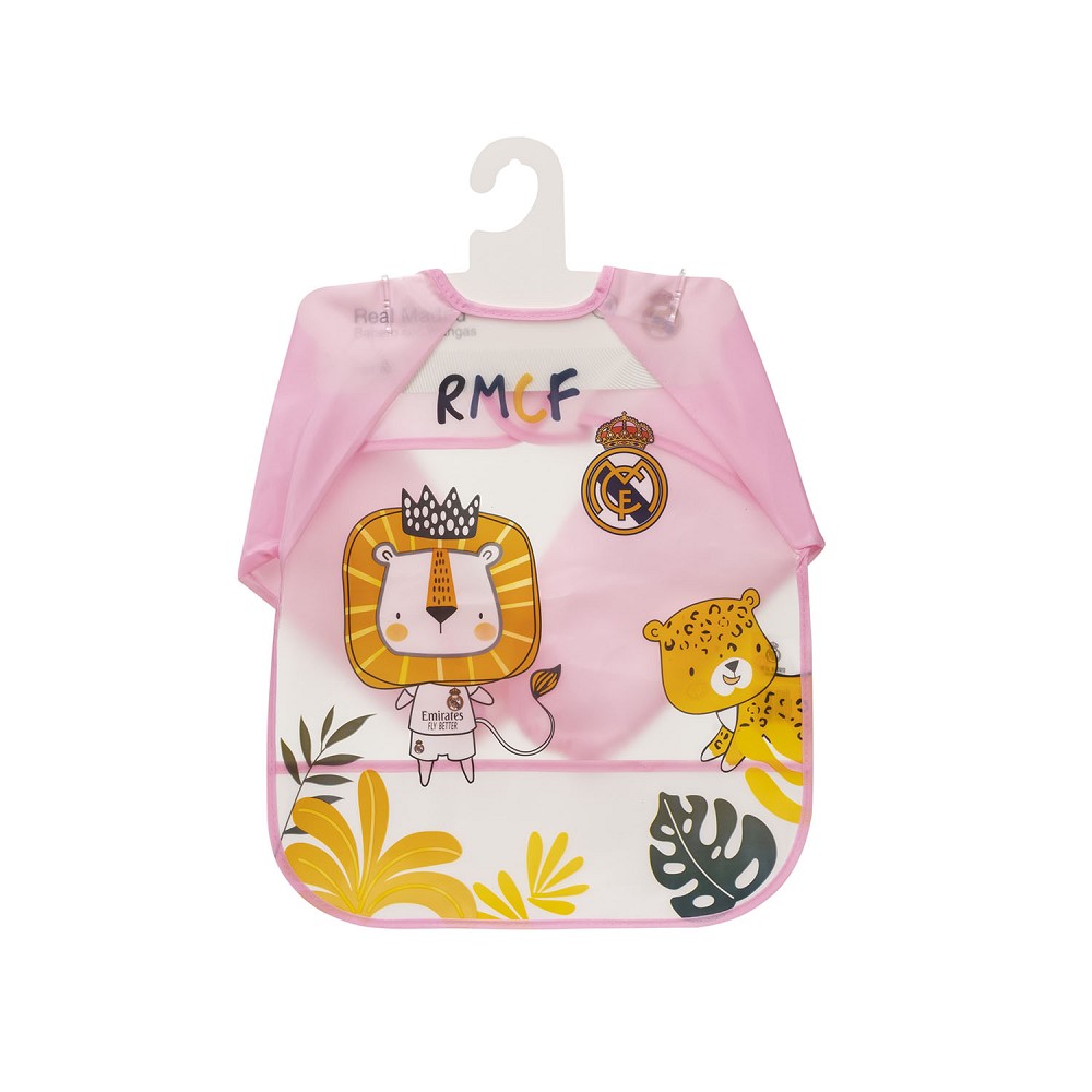 Real Madrid Baby Langarm-Lätzchen rosa mit Löwenmotiv – offizielles Ärmellätzchen für Babys